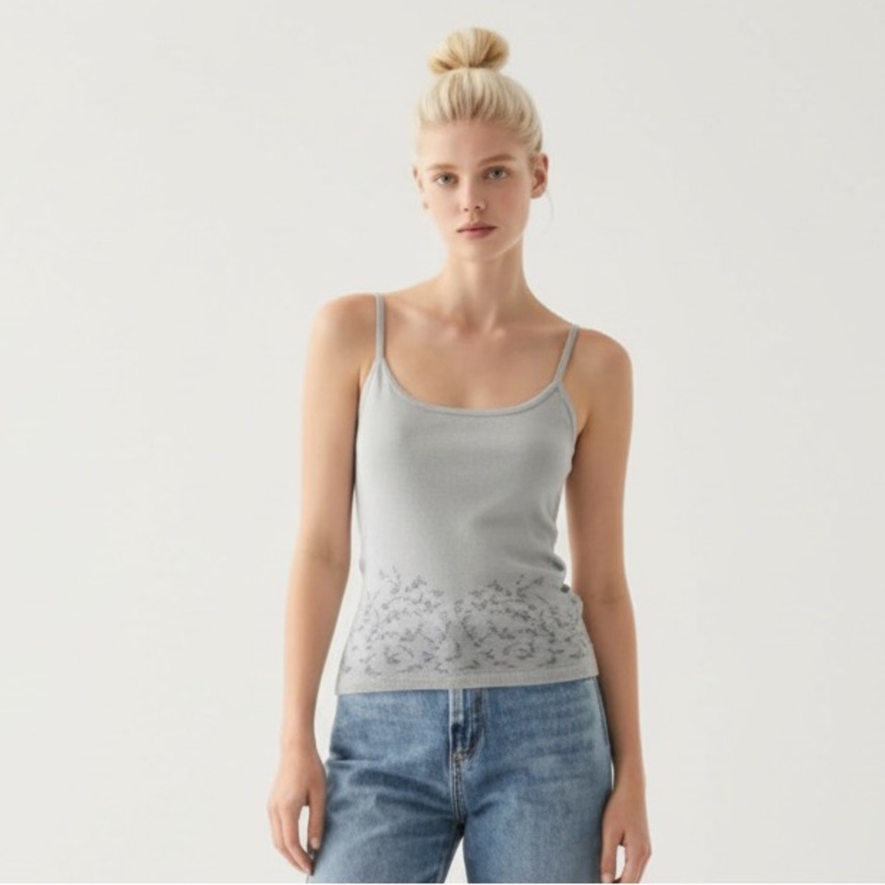 DKNY vintage icy blue Floral Pattern Spaghetti Strap knit camisole wool